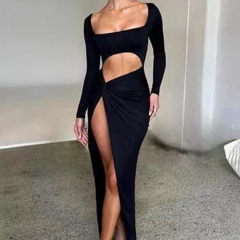 Европейское и американское весенне-осеннее женское сексуальное уличное модное платье с вырезом и квадратным вырезом S чёрный