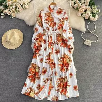Европейское и американское винтажное элегантное платье с длинным рукавом и воротником-стойкой, с тонким принтом и талией