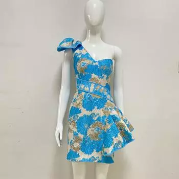 Европейское и американское вышитое жаккардовое вечернее платье на одно плечо — короткое, сексуальное, в стиле знаменитостей на лето Large