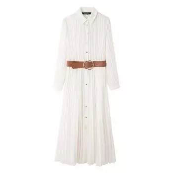 Европейское и американское женское миди-платье-рубашка с плиссировкой и поясом - Летняя коллекция XS белый