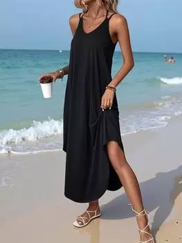 Европейское и американское женское однотонное платье-макси на бретелях без рукавов L