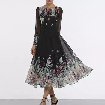 Европейское и американское женское платье, сексуальное, облегающее, облегающее, большая распашная юбка, юбка средней длины с длинными рукавами и принтом XXXL чёрный