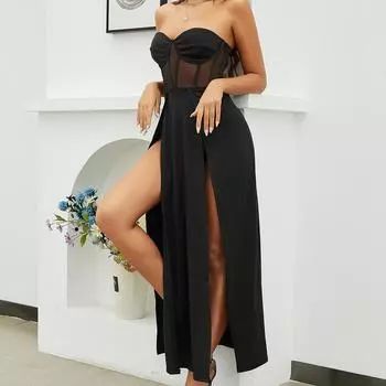 Европейское и американское женское приталенное платье без бретелек с рыбьими косточками, облегающее талию сетчатое платье без бретелек с узкими разрезами XS белый