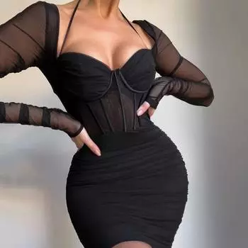 Европейское и американское женское сексуальное сетчатое перспективное плиссированное платье с открытой спиной и подтяжками на ягодицах, летнее платье S