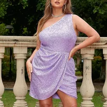 Европейское и американское женское сексуальное темпераментное платье большого размера, банкетное платье с пайетками на одно плечо XL фиолетовый