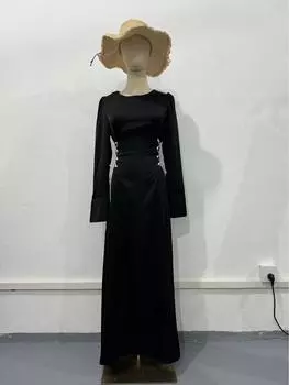 Европейское осеннее платье 2023 года с рукавами-колокольчиками, завязкой на талии и круглым вырезом для женщин XXL