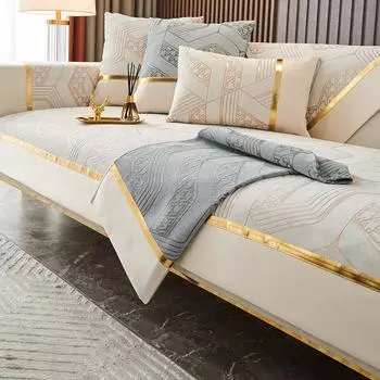 Европейское синельное диванное полотенце, нескользящая жаккардовая подушка для сиденья, роскошные золотые линии, чехол для дивана, сращивание, широкий белый край, диванная подушка 70x70cm 1pcs