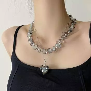 Exaggerate Beaded Necklace Irregular Collarbone Chain Cool Heart Pendant Necklace Women темно серый