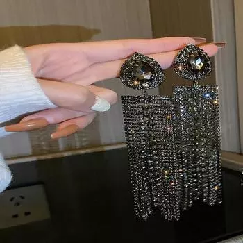 Exaggerated Black Waterdrop Crystal Long Statement Tassel Earrings For Women Party Fashion Dangle Pendientes Brincos