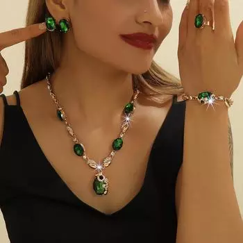 Exaggerated Diamond-set Green Oval Necklace Earrings Ring Bracelet Four-piece Jewelry