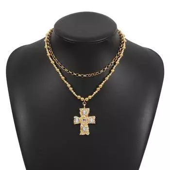 Exaggerated Metal Diamond-encrusted Cross Pendant Necklace Set Retro Literary Light Luxury Collarbone Chain
