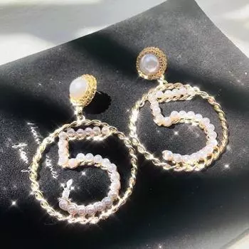 Exaggerated Temperament Metal Braided Hollow Ring Earrings Number Pearl Earrings For Women