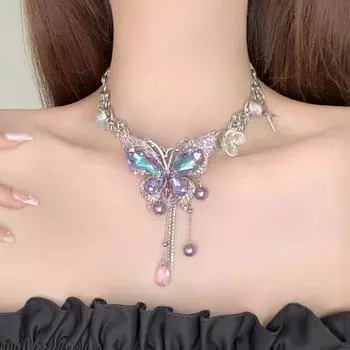 Exaggerated Vintage Zircon Necklace Retro Women s Choker Temperament Butterfly Necklace Girl золотой