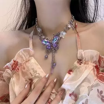 Exaggerated Vintage Zircon Necklace Rhinestone Women s Choker Fashion Butterfly Necklace Party золотой