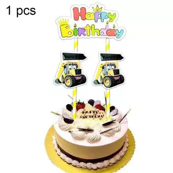 Excavator Truck Vehicle Boy Kids Party Birthday Supplies Decor Tableware Banner 1pcs-Cake Topper