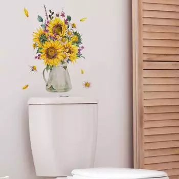 Excellent No Residue Vivid Background Sticker WC Restroom Sunflower Floral Home Supply