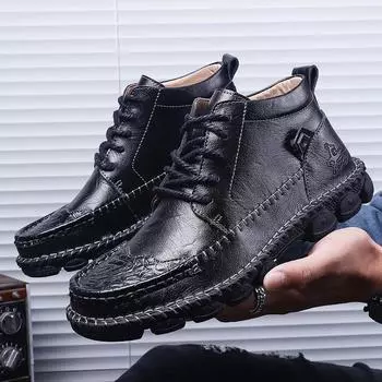 Exclusive for 2024 autumn and winter new men s boots high-top British casual retro men s handmade leather shoes large size 38 чёрный