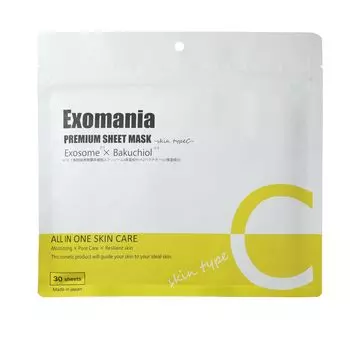 EXOMANIA Premium Sheet Mask Большая емкость, тип C, 30 штук, экстракт стволовых клеток жировой ткани человека, экзосома, 3 типа производных витамина C, комбинированный лист