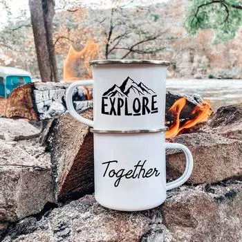 Explore Together couple mugs Adventure Enamel Mug Gift for Travel Lovers Campfire Camping Mug Hiking cups Valentine gift