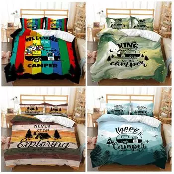 Exploring Wild Camp Happy Camper Полосатый кемпинг Doona Пододеяльник Постельный комплект Single 135x200cm