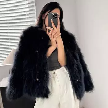 Explosive Gold Buckle Куртка из меха енота женская, легкая, пушистая, зимняя, новая, короткая, базовая one size fits all темно-синий