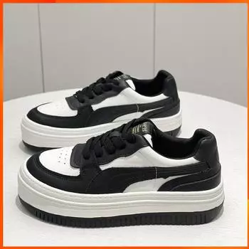 Explosive Leather Thick Bottom Color Matching Board Shoes Women S Autumn New Casual Sports Students Small White Shoes Women S Tide 36 чёрный