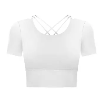 Export Crop Top Short with Chest Pad Yoga T-shirt Female Sexy Hollow-out Beauty Back Outdoor Casual Sports Short Sleeve White 4