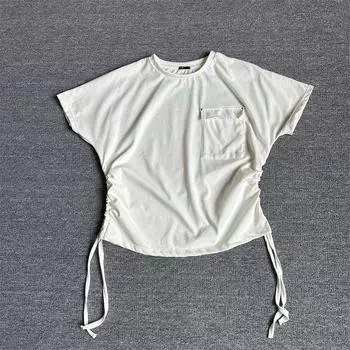 Export Daily Single Drop Shoulder Short Sleeve Knitted Slimming Easiest for Match Loose Blouse Drawstring Stylish Women s Fashion T-shirt White Drawstring Stylish Short Sleeve LL