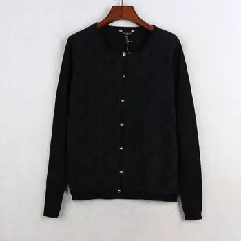Export Fashion round Neck Long Sleeve Cardigan Lightweight Sweater Lace Black S: Bust size 90-96