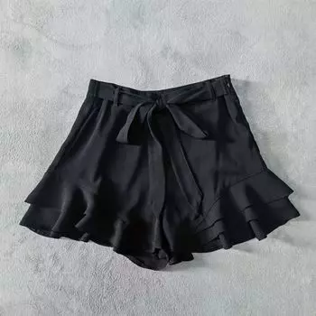 Export High-Grade Chiffon Super Breathable Cool Bows Side Zipper High Waist Ruffles Casual Shorts Summer Black 36