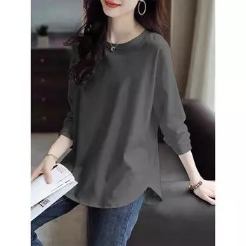 Export Italy Original Order Japanese Style Pure Cotton 100% Long Sleeves Casual Women s Anti-Aging Top 2024 New Arrival T-shirt Gray [solid color]] 2XL