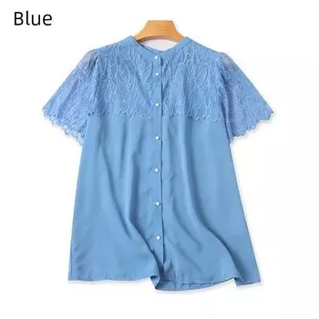 Export Japanese Single Blouses round Neck Single-Breasted Lace Patchwork Loose Slimming and All-Matching Drape Comfortable Shirt Blue S