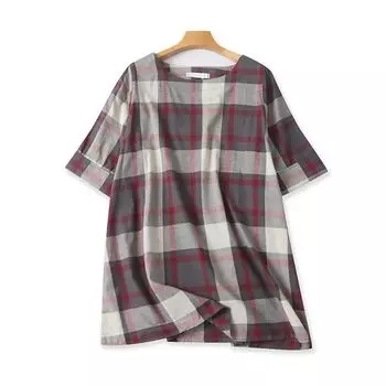 Export Japanese Single Summer Blouses round Neck Half Sleeve Western Style All-Matching Loose Slim Looking Plaid Mid Length Long Length Shirt Dark gray L