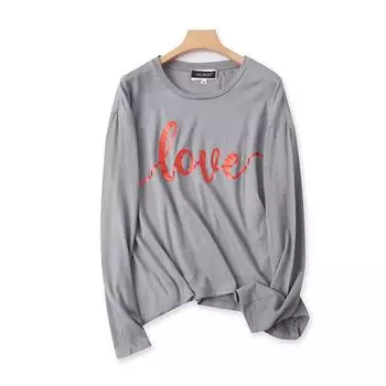 Export round Neck Letters T-shirt Spring New Arrival Stretch Slimming T-shirt Women s Pullover Bottoming Tops W/2-3 Grey L