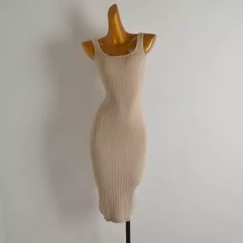 Export Single Elegant Square Collar Slimming Slimming Long Knitting Dress Female Summer Base Sleeveless Long Jumper Dress Khaki M