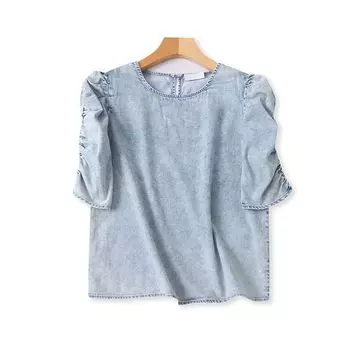 Export Summer Women s Clothing 90% Cotton Denim Shirt round Neck Puff Sleeves Washed Distressed Loose Trendy Slimming Shirt Image color 36