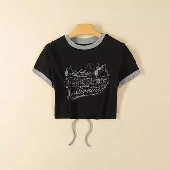 Export Summer Women s Clothing Sexy Short Sleeve round Neck Open Back Shoelace T-shirt Pure Cotton Comfort and Casual Print Short Tops Black M