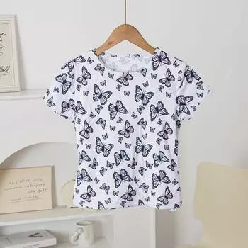 Export USA Niche Butterfly Print Cotton round Neck Short sleeve T-shirt Women Summer New Casual All-matching Top Foreign Trade White/Butterfly-Microblemish L
