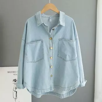 Export Washed Light Blue Loose Casual Denim Shirt Light blue M