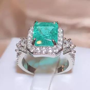 Изысканное 925 посеребренное зеленое кольцо Параиба для женщин Классические женские украшения с зеленым цирконием Модный предмет помолвочное кольцо ювелирные изделия Resizable зелёный