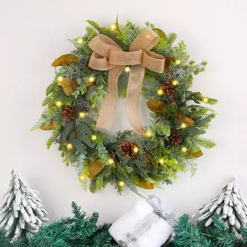 Exquisite Christmas Wreath Artificial Green Leaves Bow Glowing Flower Wreath Farmhouse 45cm
