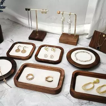 Exquisite Earrings Display Tray Geometry Ring Earring Holder Simple Wood Rings Tray Desk style 6