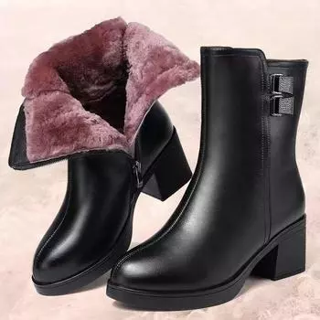 Exquisite High Heel Women s Snow Boots Thick Heel Side Zipper Round Head Short Boots with Cotton Warmth and Casual Modern Boots 35 чёрный