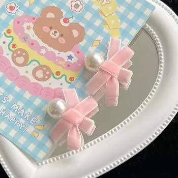 Exquisite Pink Bow Hair Clips Jewelry Pearl Velvet Hairpin Sweet Ribbon Hair Clips Girl