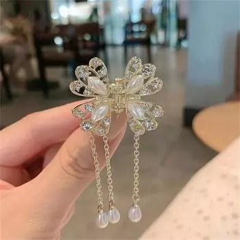 Exquisite Rhinestone Butterfly Fringe Hair Claw Korean New Ponytail Braid Pearl Hair Clip Girl Crab Metal Headdress Gift