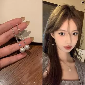 Exquisite S925 Silver Zircon Long Tassel Earrings with Pearls for Women s All-Match Fashion. серебряный