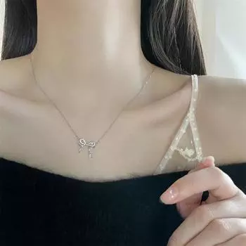 Exquisite zircon bow necklace temperament girl pendant 925 sterling silver high-end jewelry ins style 925 silver