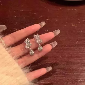 Exquisite Zircon Butterfly Earrings with S925 Silver Needles & Shijia Gray Pearls - High-End Luxury Jewelry for Women A1640 серый