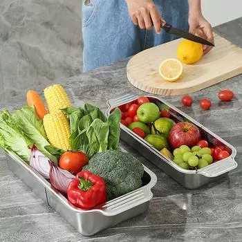 Extendable Retractable Stainless Steel Pasta Drying Rack Over the Sink Colander Strainer Basket L