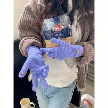 Extended Cashmere Knitting Gloves Female Fall and Winter Bandage Dress Warm Wool Touch Screen Exposed Two Finger Five Finger Gloves for Students Blue Purple All yards